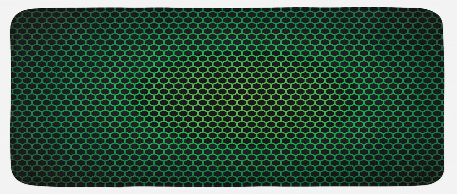 Forest Green Kitchen Mat, Geometrical Pattern with Polygons Technology Themed Grid