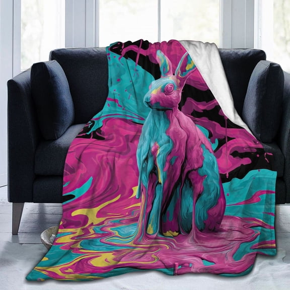 Trippy Melting Bunny Throw Blanket, Psychedelic Abstract Art Flannel Fleece for Creative Home & Dorm Décor 50x40