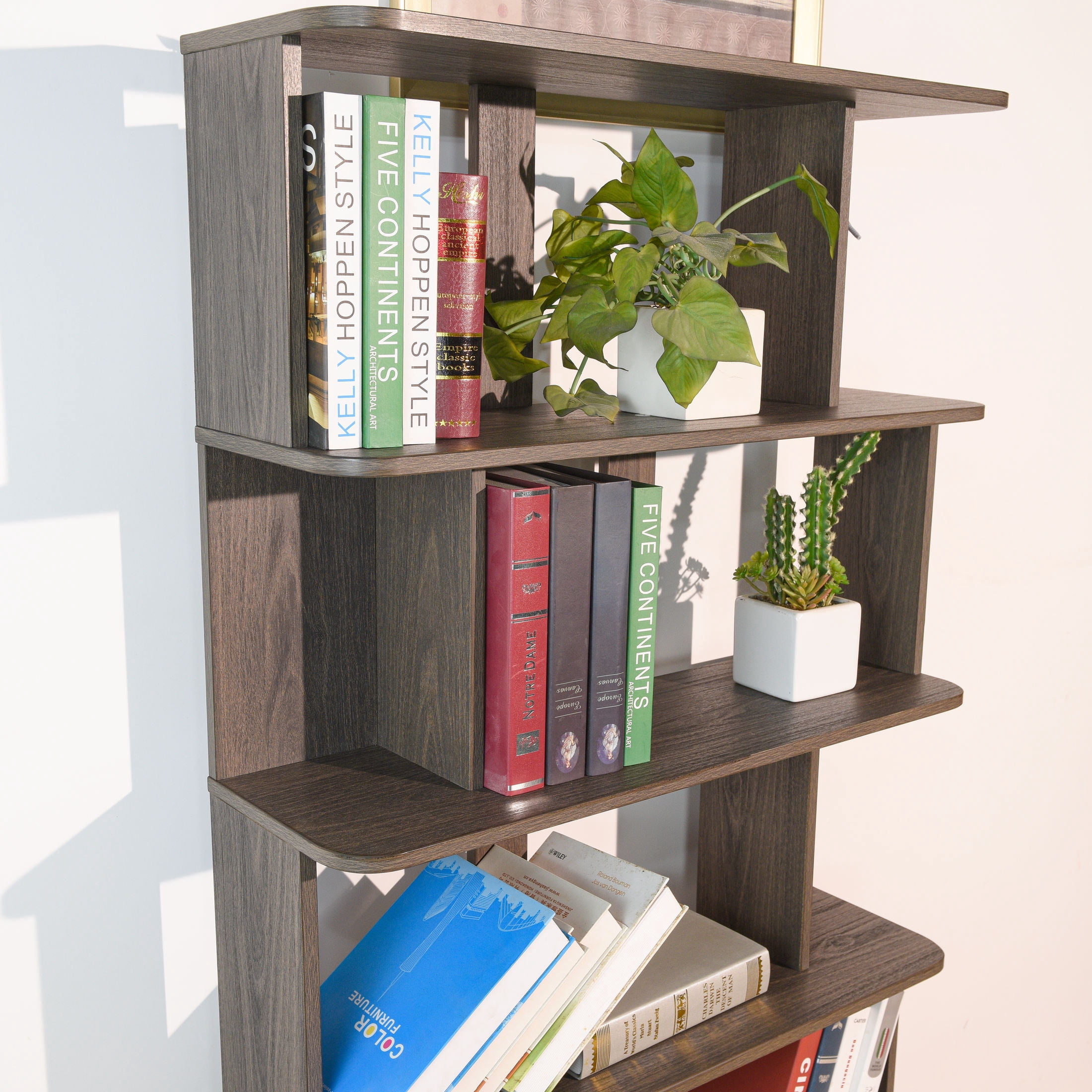GDF Studio Derwin Modern 5-Tier Open Storage Bookcase, Wooden Media Bookshelf Organizer for Home Office, Dark Brown