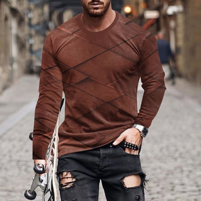 Blusas y camisas de manga larga con cuello redondo para hombre, blusa informal de manga larga con cuello redondo y estampado de rayas, blusa de poliéster para hombre