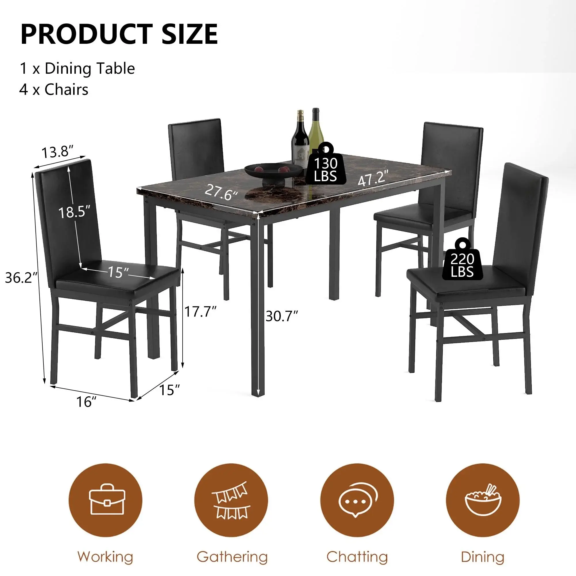 5 Piece Dining Table Set, Dining Table Set for 4, Modern Pub Bistro Table with Storage Shelf for Kitchen, Coffee Shop, Small Space