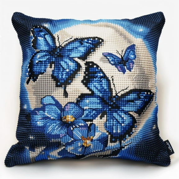 Latch Hook Pillows Kits Hooking Pillowcase Embroidery Latch Hooking Crochet Kits 17x17in - blue butterfly
