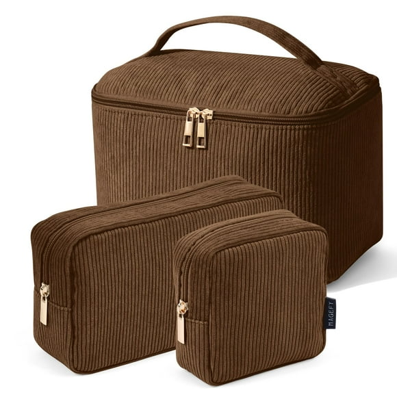 Bolsa de maquillaje MAGEFY de pana con organizador de asa, 3 unidades, color marrón