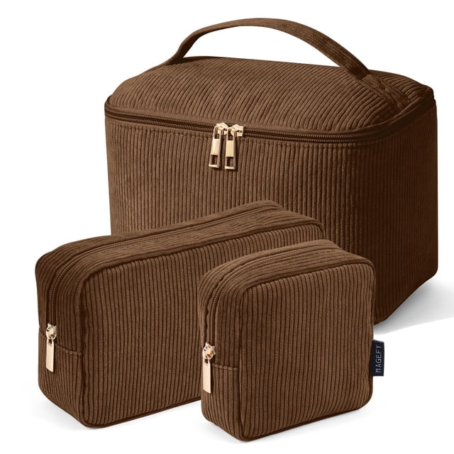 Bolsa de maquillaje MAGEFY de pana con organizador de asa, 3 unidades, color marrón