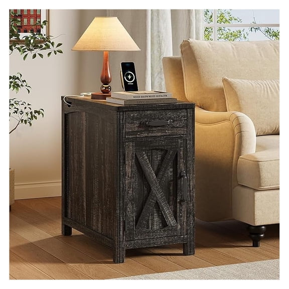 Farmhouse End Table with Charging Station, Narrow Side Table with Barn Door, Rustic Wood Sofa Side Table with Drawer and Storage Cabinet, 23.5" Small Nightstand for Living Room (Dark Brown)
