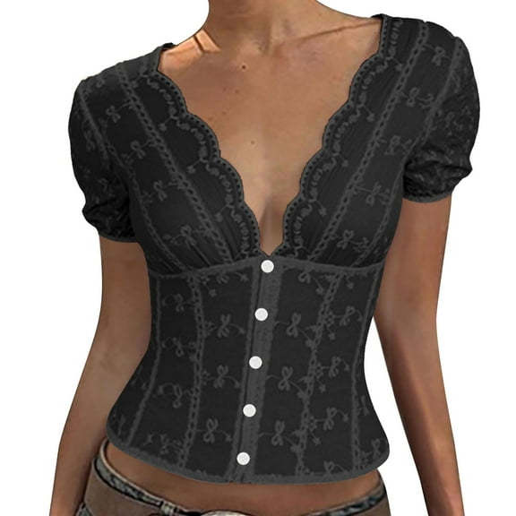 MIXUE Boho Tops For Women Summer Solid Color Lace V Neck Short Sleeve Trendy Pullover Shirts For Women T-shirts Streetwear,Black,M