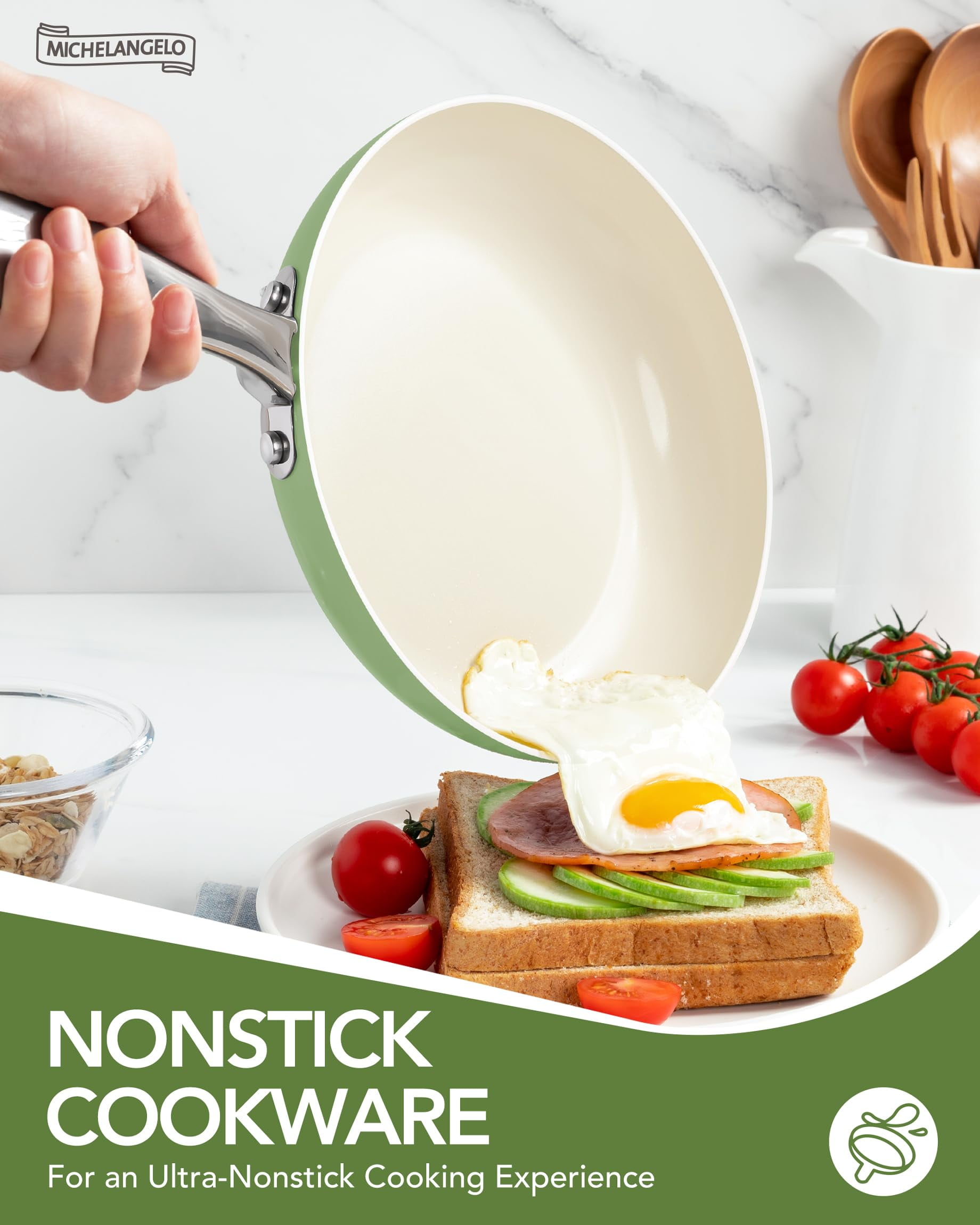 MICHELANGELO Pots and Pans Set Non Stick - Ceramic Cookware Set, 8-Pcs Nonstick Pots and Pans with Ergonomic Handle, Dishwasher Safe & Induction Compatible, Green