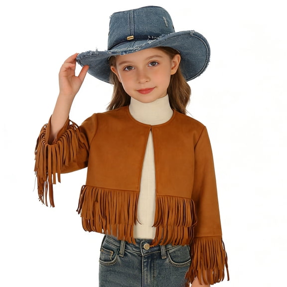 GJSYRH Girls Suede Fringe Jacket Long Sleeve Boho Tassels Coat Western Cowboys Dress-up Brown 3-4 Years