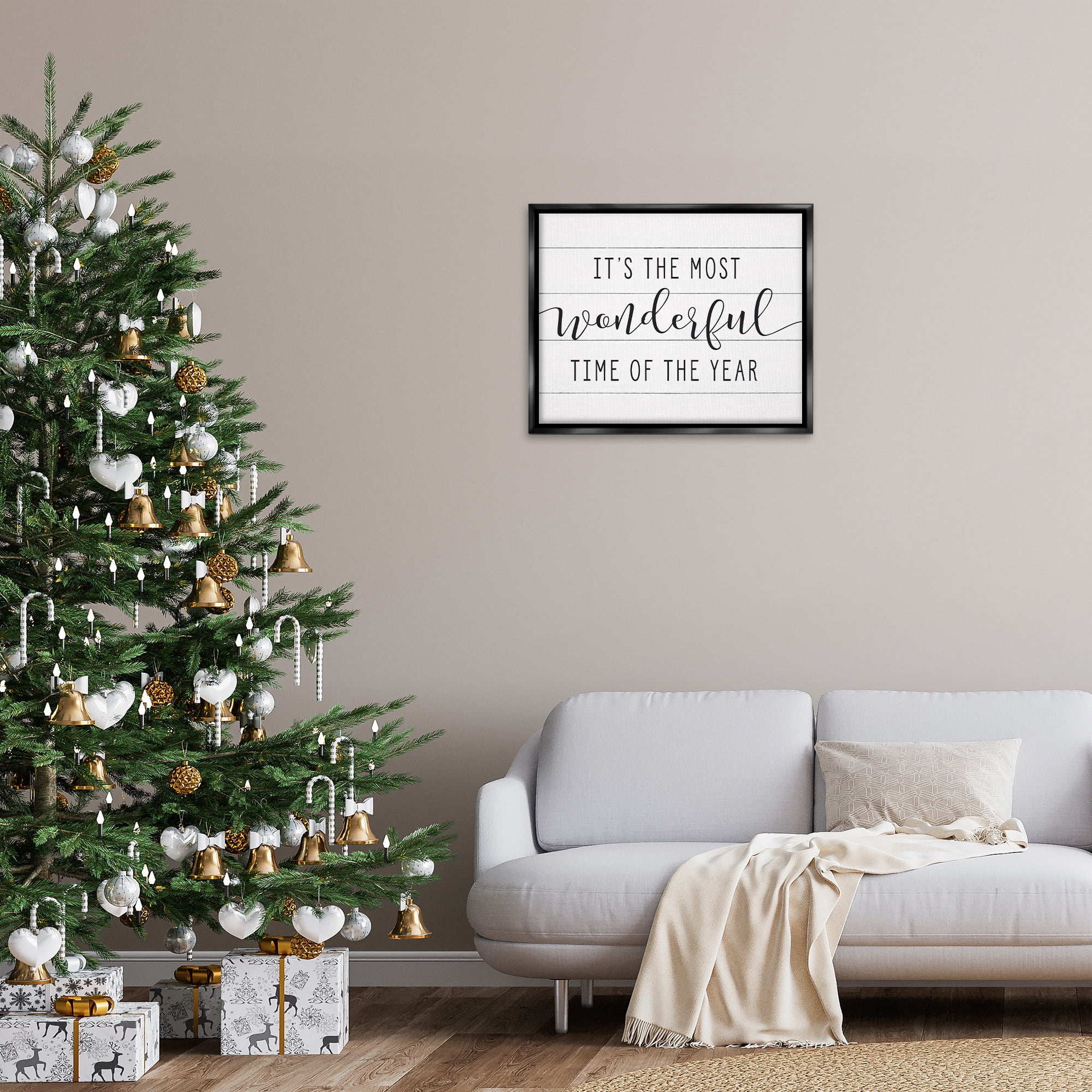 Stupell Industries Most Wonderful Time Rustic Chic Holiday Painting Black Floater Framed Canvas Art Print Wall Art, 31 x 25
