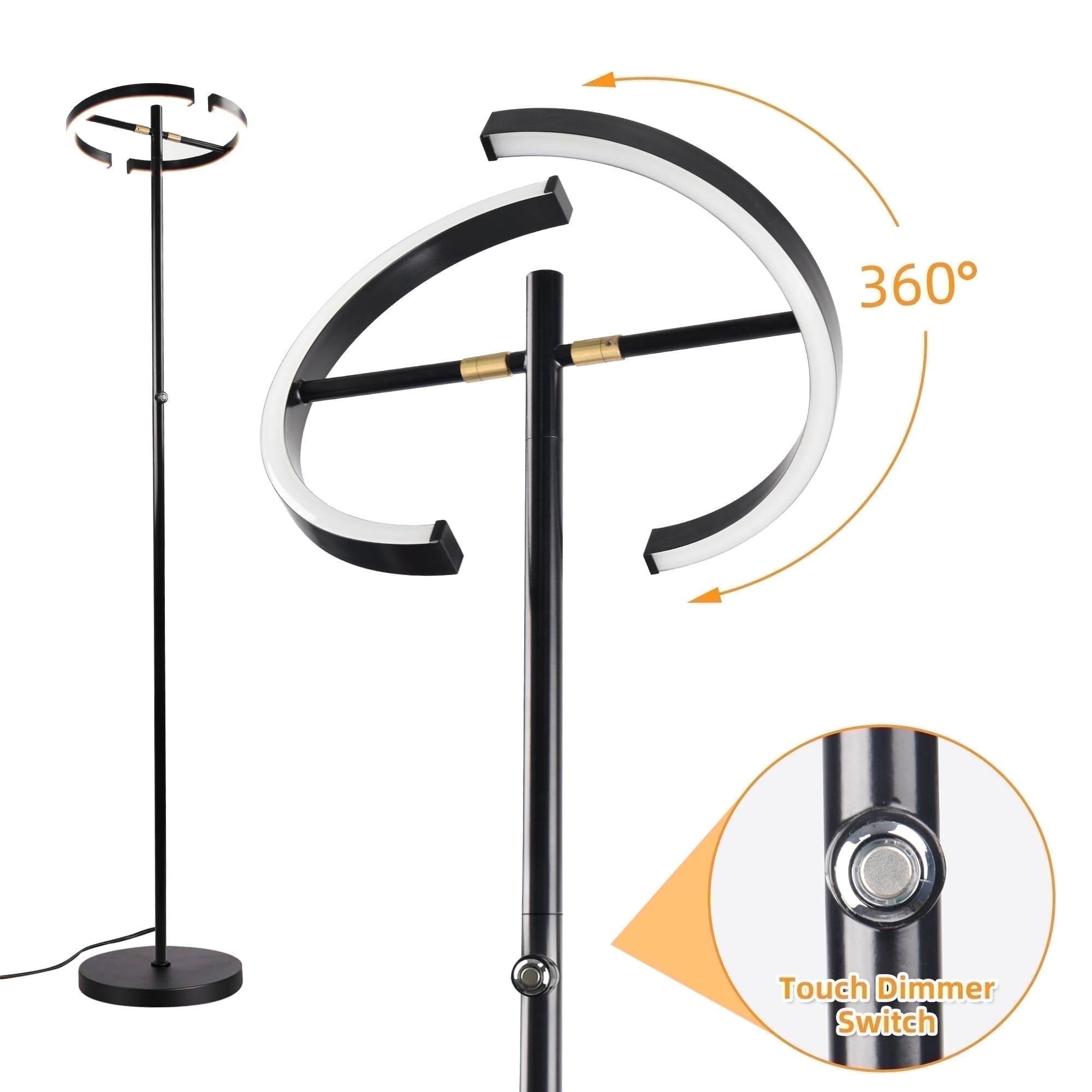 Hlite LED Floor Lamp,Rotatable Standing Lamp with Touch Control, 30W Modern Floor Reading Light,Dimmable Corner Uplighter for Living Room Bedroom Office,Black
