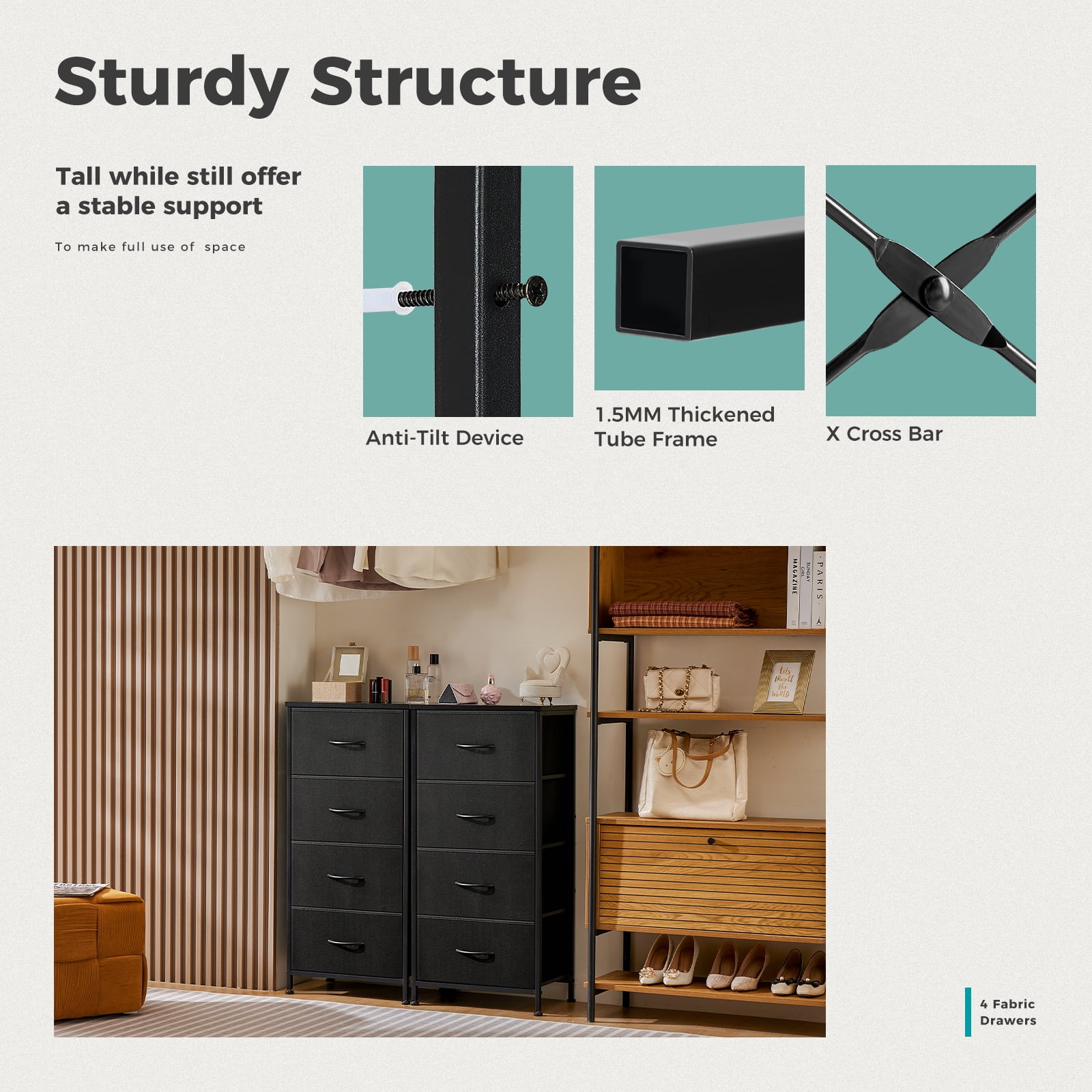 CONCETTA 4 Drawer Dresser for Bedroom, Tall Chest Organizer with Fabric Bins, Steel Frame, Black