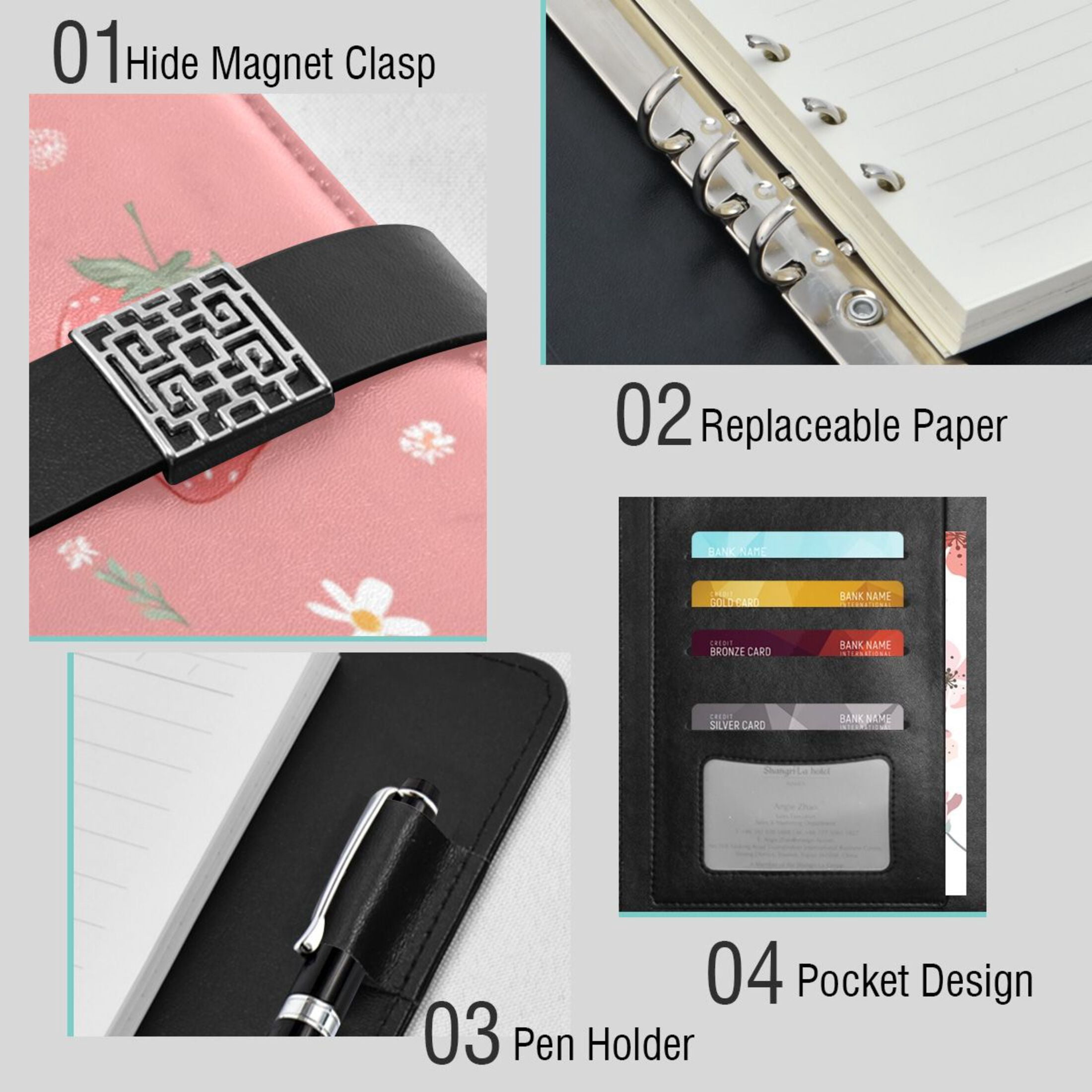 Leather Planner Leather Notebook Notebook Journal Binder Design Pen Pocket Design Convenient for Storage Yummy Cute Pink Strawberries
