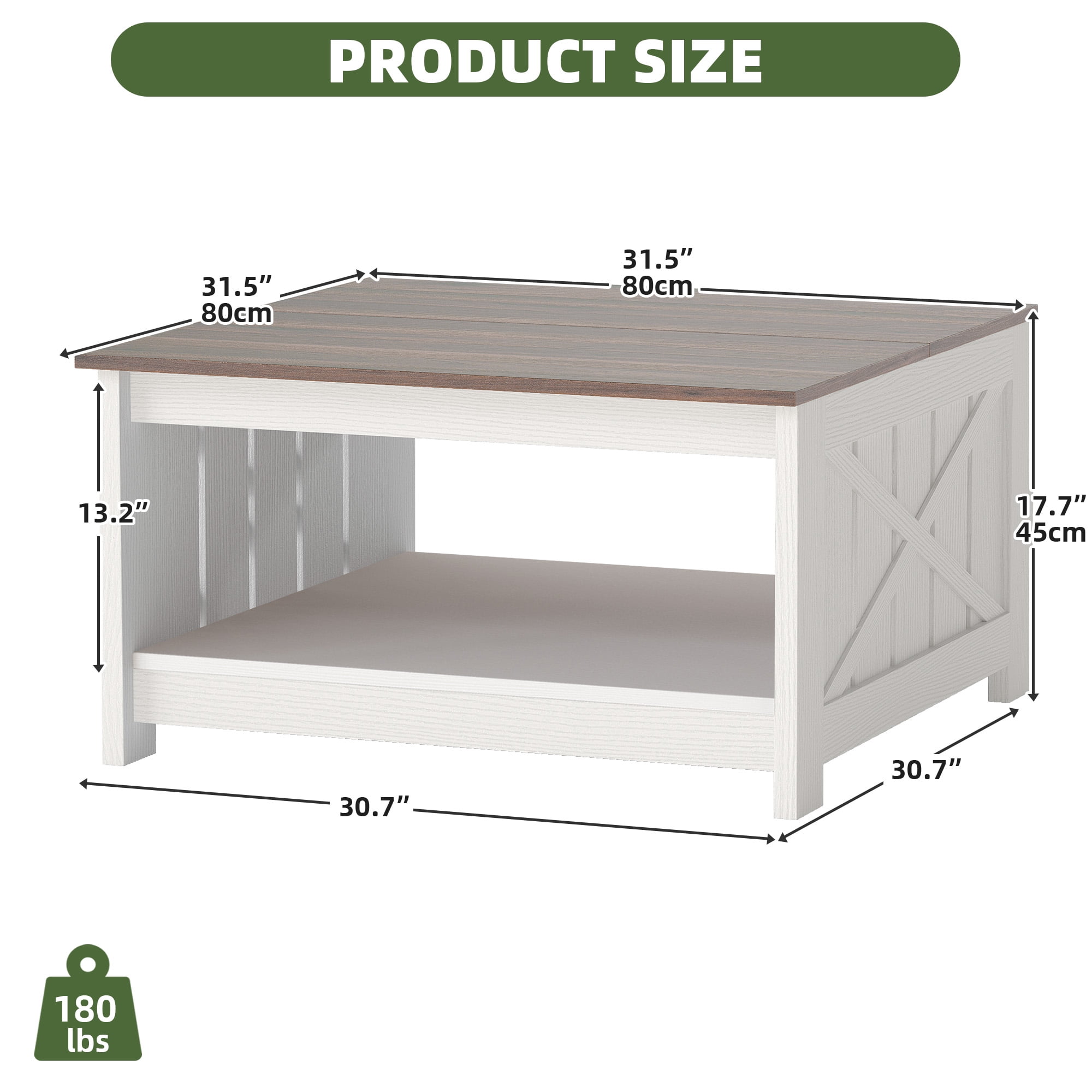 Uforic Coffee Table with Storage Shelf for Living Room, Farmhouse Center Table, White & Walnut