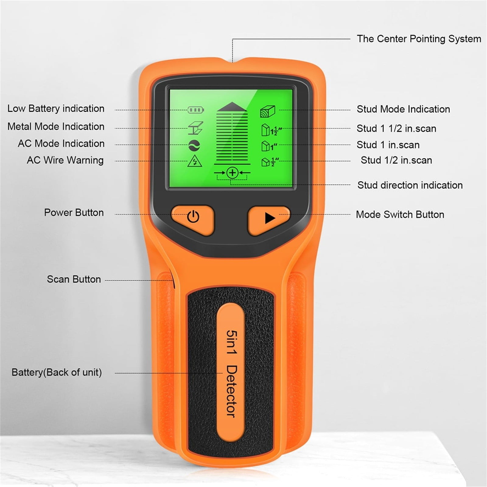 Stud Finder Wall Scanner, 5 in 1 Stud Finder Wall Scanner Detector Electronic Stud Locator Wood Beam Joist Finders Portable Wall Detector for AC Wire Metal Pipe Gifts for Men, Orange