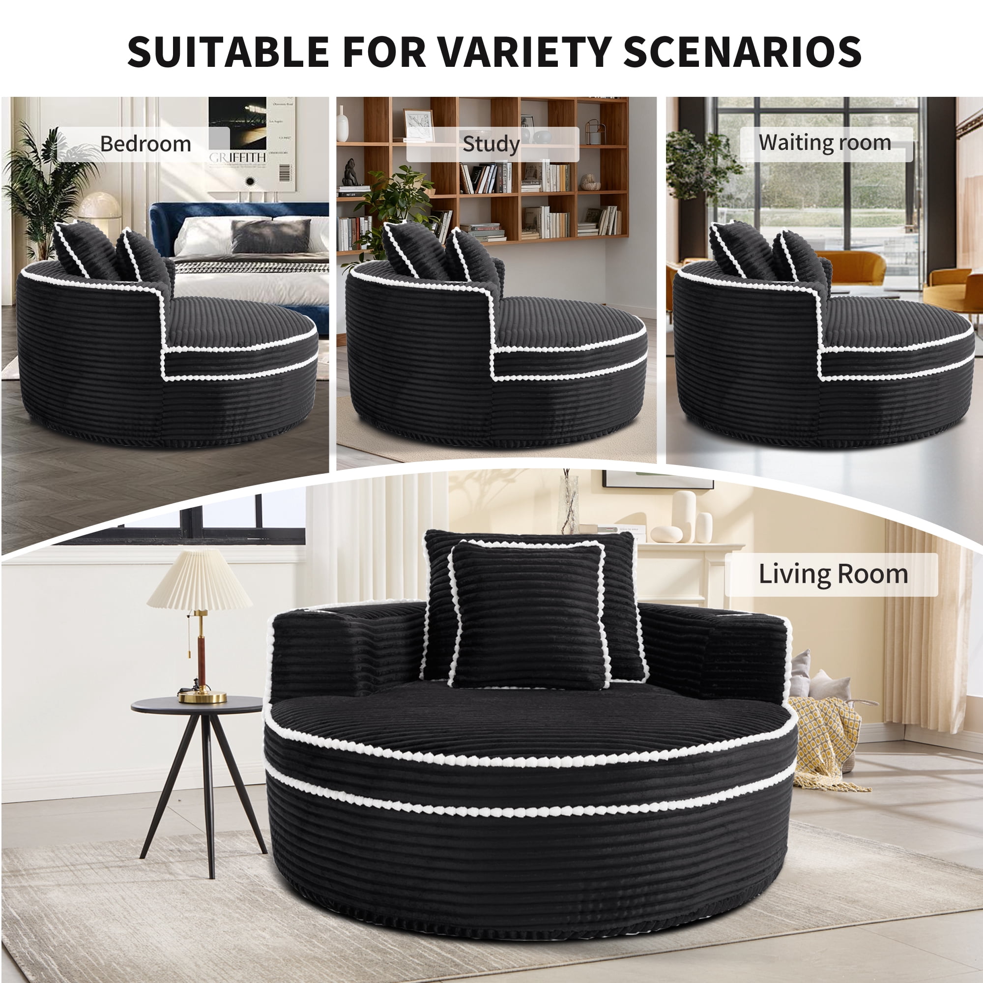 Round Sofa Bed with Memory Foam Sectional Couches for Living Room, Cloud Couch with Two Pillows, Black