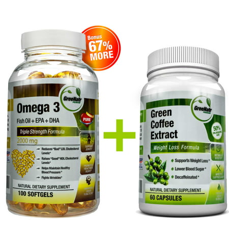 Green Coffee Bean GreeNatr pur extrait + Omega 3 pilules d'huile de poisson - Ensemble de soutien de cholestérol