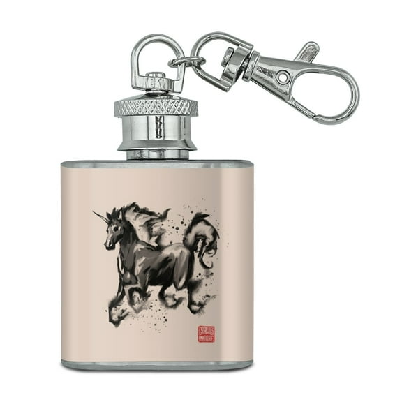 Unicorn Traditional Chinese Ink Painting Stainless Steel 1oz Mini Flask Key Chain
