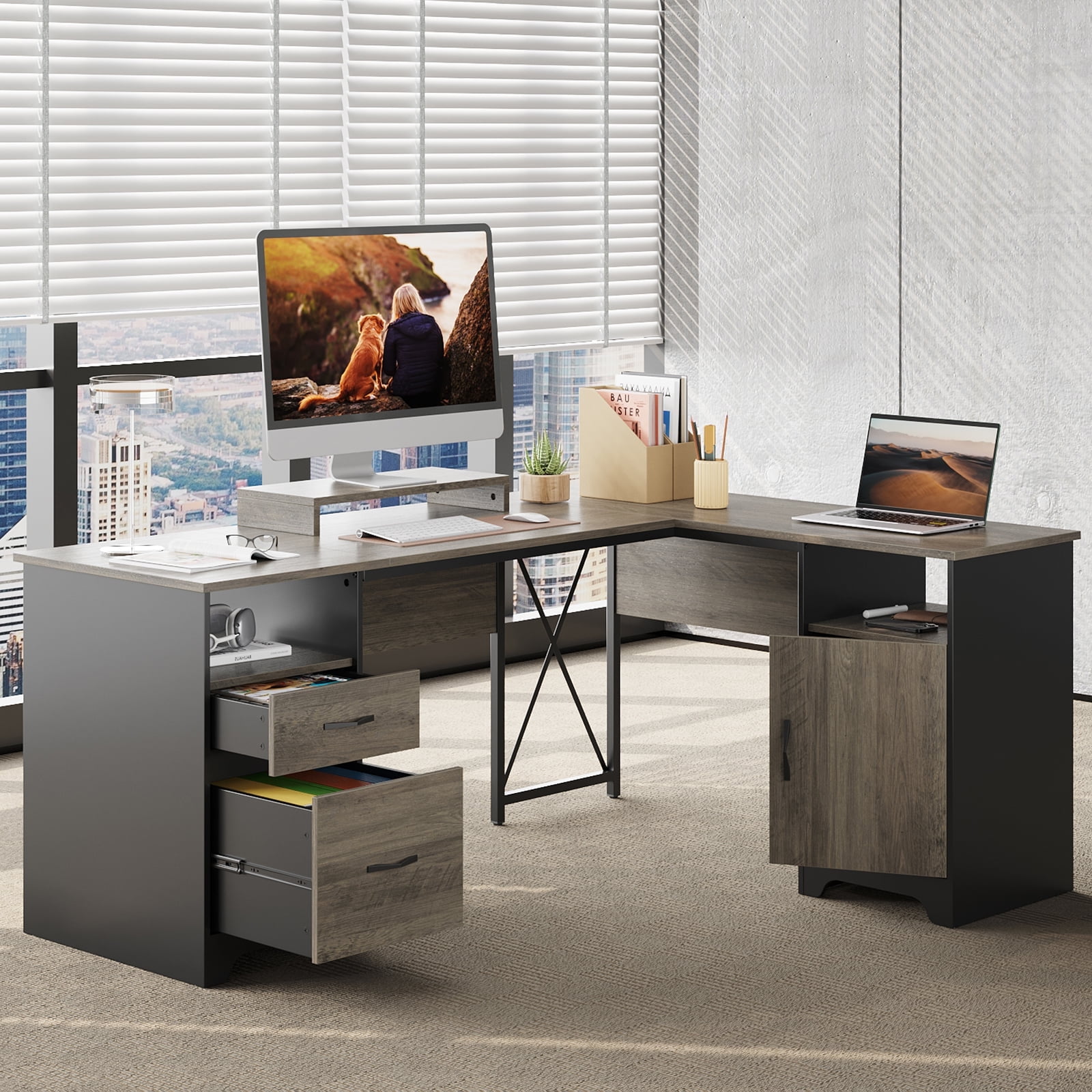 Bestier L Shaped Desk with File Drawers, 63