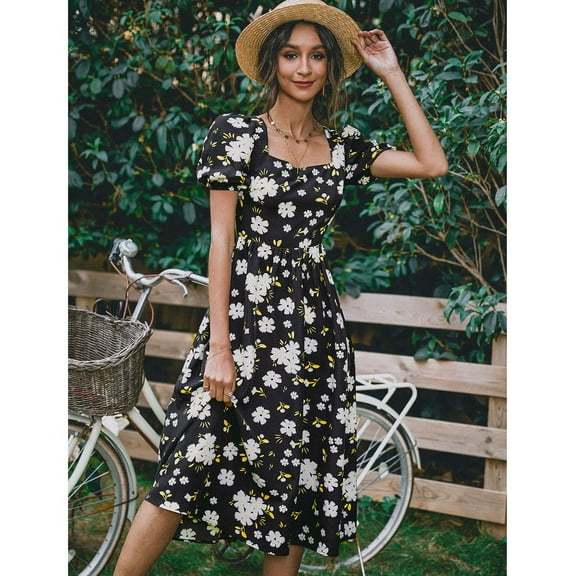 Square Neck Double Tie Back Puff Sleeve Floral Print Dress for Women