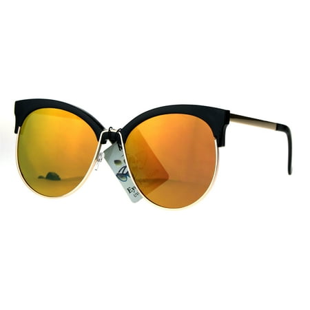 Womens Color Mirror Overisze Round Cateye Half Rim Retro Sunglasses Black Orange