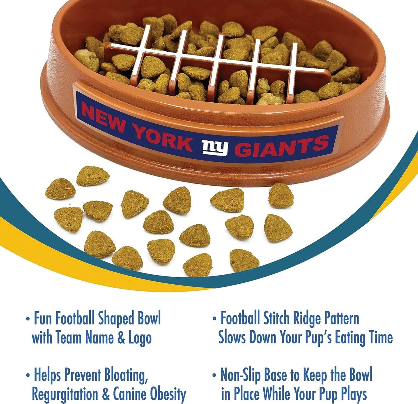 Pets First NFL New York Giants Super-Bowl Slow Feeder Bowl for Dogs and Cats, Football Design for Healthy Digestion, Non-Slip, for Large & Small Pet