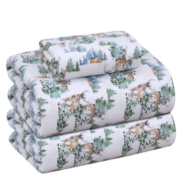 RUVANTI Flannel Sheets Twin Size - 100% Cotton Double Brushed Twin Sheets Set, Deep Pockets 16 Inches, All Seasons Breathable & Extra Soft Bed Sheets, Warm & Cozy, 3 Piece, Deer Mob