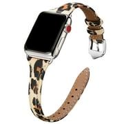 WFEAGL Apple Watch Leather Band Replacement Wristband 38mm 40mm 41mm Beige Leopard/Silver
