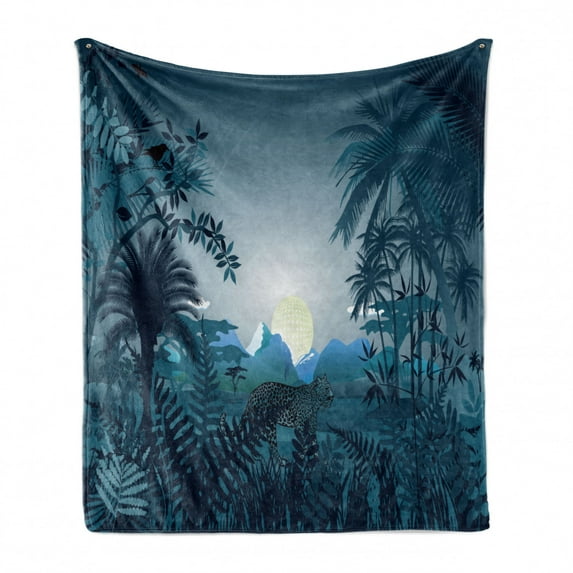 Jungle Soft Flannel Fleece Throw Blanket, Night in the Rainforest Wild Tiger Animal Moonlight Palm Shrubs Hazy Graphic Print, Cozy Plush for Indoor and Outdoor Use, 60" x 80", Teal, by Ambesonne