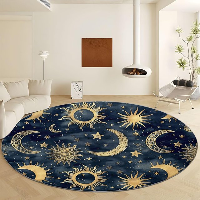 Round Area Rug 7ft Dark Blue Abstract Moon and Sun Faux Wool Non-Slip Area Rug Non-Shedding Accent Throw Rugs Floor Carpet for Living Room Bedrooms Laundry Room Decor