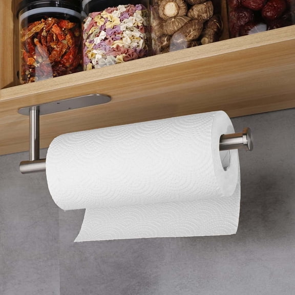 Guczhu Paper Towel Holder Under Cabinet, Wall Mount Paper Towel Dispenser Rack, No Punch Toilet Tissue Holder for Kitchen, Bathroom, Stainless Steel Roll Holder, silver