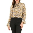 thumbnail image 6 of MODA NOVA Junior's Tie V Neck Blouse Long Trumpet Sleeve Floral Shirt Blue Yellow S, 6 of 6