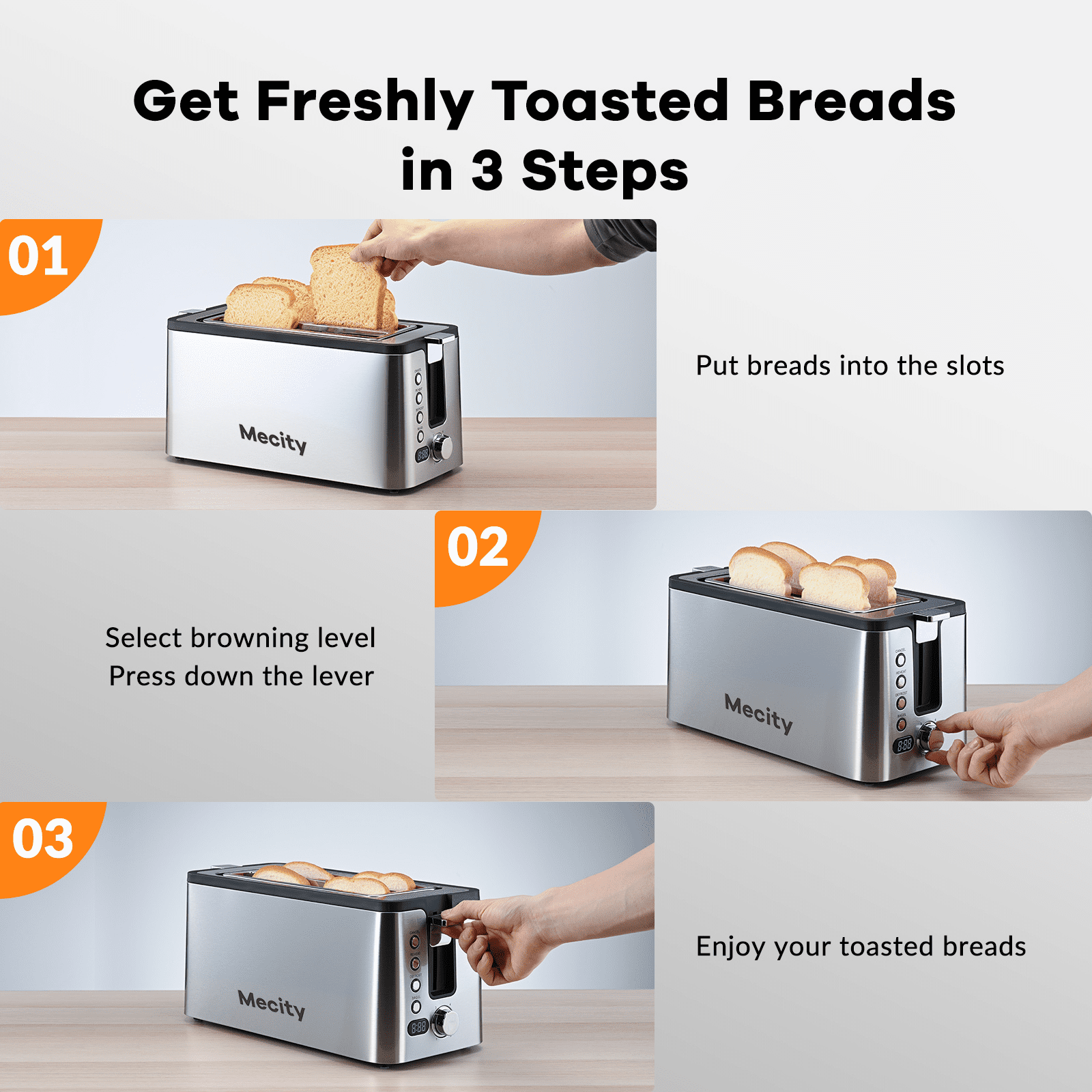 Mecity 4-Slice Stainless Steel Toaster with Digital Countdown Timer & Warming Rack, 1300W, Silver
