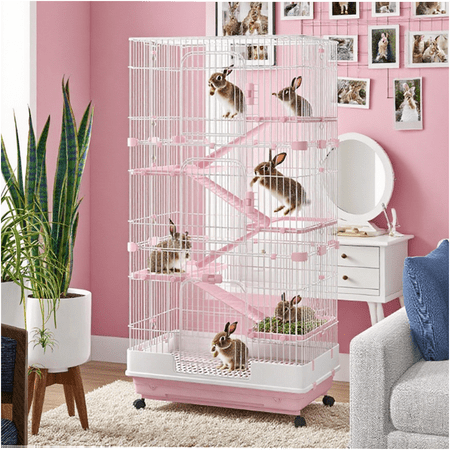 JERFIT Metal Rabbit Hutch with Wheels, Lockable Rolling Small Animal Cage for Rabbits, Chinchillas, Pink Pet Home