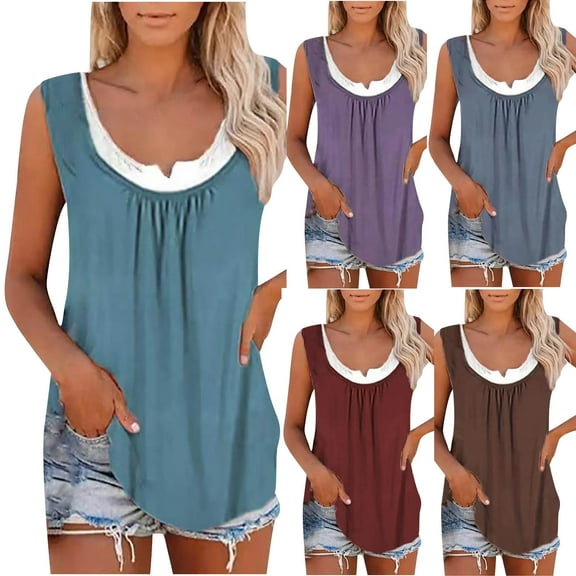 HAPIMO Women's Summer Tank Tops Colorblock Print Tops Sleeveless Shirts for Girls Scoop Neck Blouse Pleat Flowy Camis Vest Basic Tunic Camisole Wine XXL