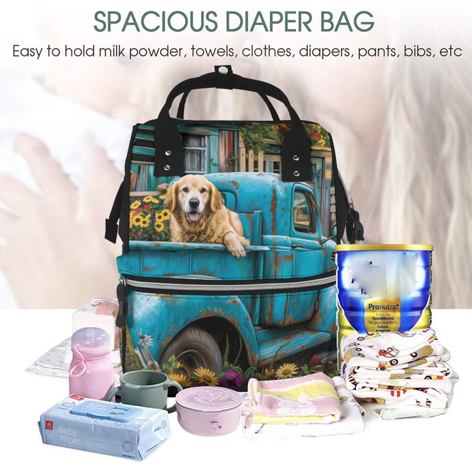 Fuzoiu Vintage Pickup Sunflower Dog Print Diaper Bag Backpack,Baby Essentials Travel Tote,Multi function Waterproof Diaper Bag, Travel Essentials Baby Bag - Unisex