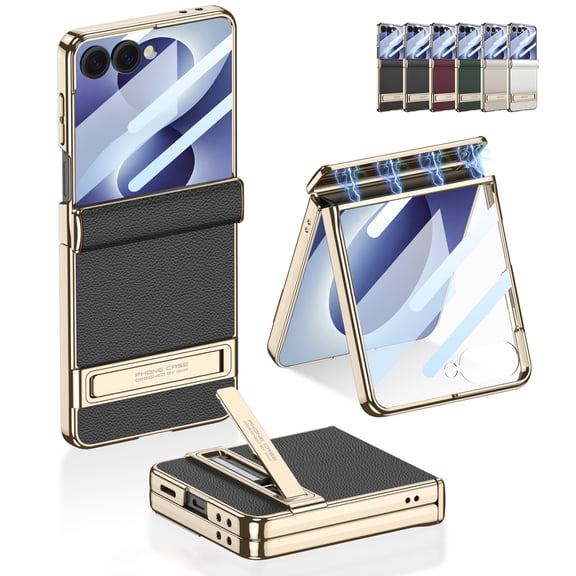 Mynvo Stand Case for Samsung Galaxy Z Flip 8, with Screen Protector & Kickstand, 360° Full Magnetic Hinge Protection, PU Leather & Electroplated Bumper Anti-slip Shockproof Cover, Black