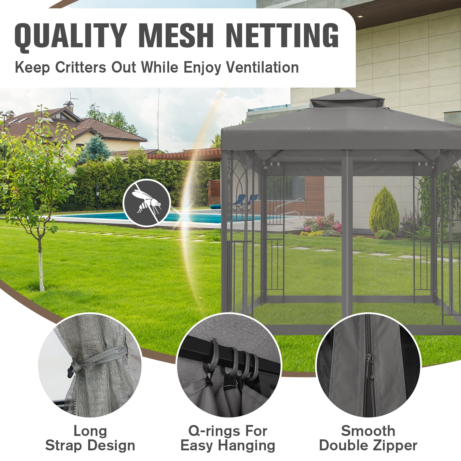 COOS BAY 8 ft. W x 8 ft. D Gray Outdoor Patio Soft Vented Top Gazebo with Zipped Netting, Corner Shelves, Ceiling Hook