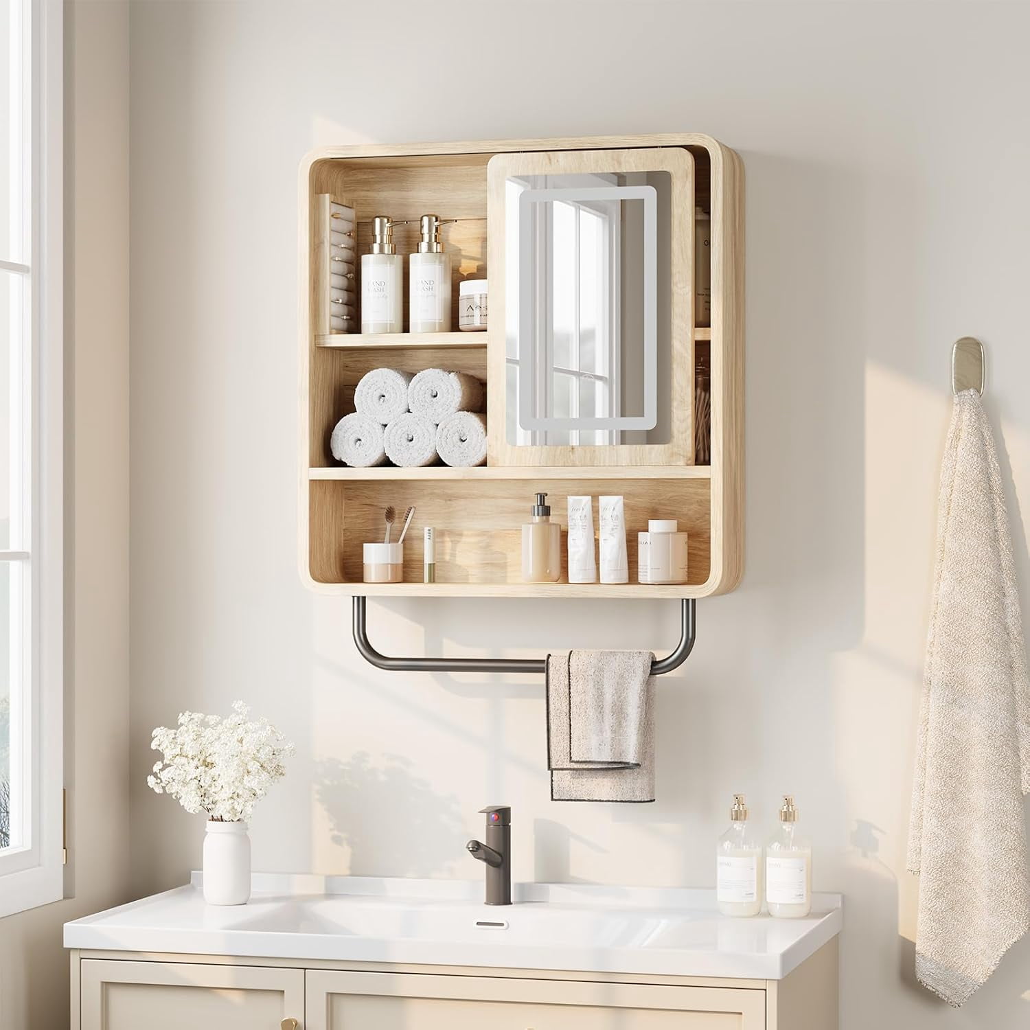 Vecenuy Modern Bathroom Wall Cabinet with Mirror, over-The-Toilet Storage & Towel Bar, Sliding Door, 3 Lighting Modes & Adjustable Brightness, Natural Oak