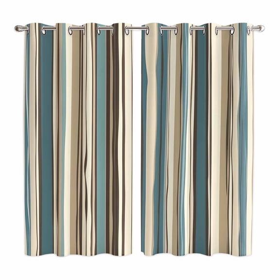 Boho Teal Stripes Kitchen Curtains 63 Inch Length, Bohemian Vertical Striped Geometric Grommet Top Bedroom Living Room Curtains, Light Filtering Cafe Curtain Drapes 2 Panels Set 84''x63''