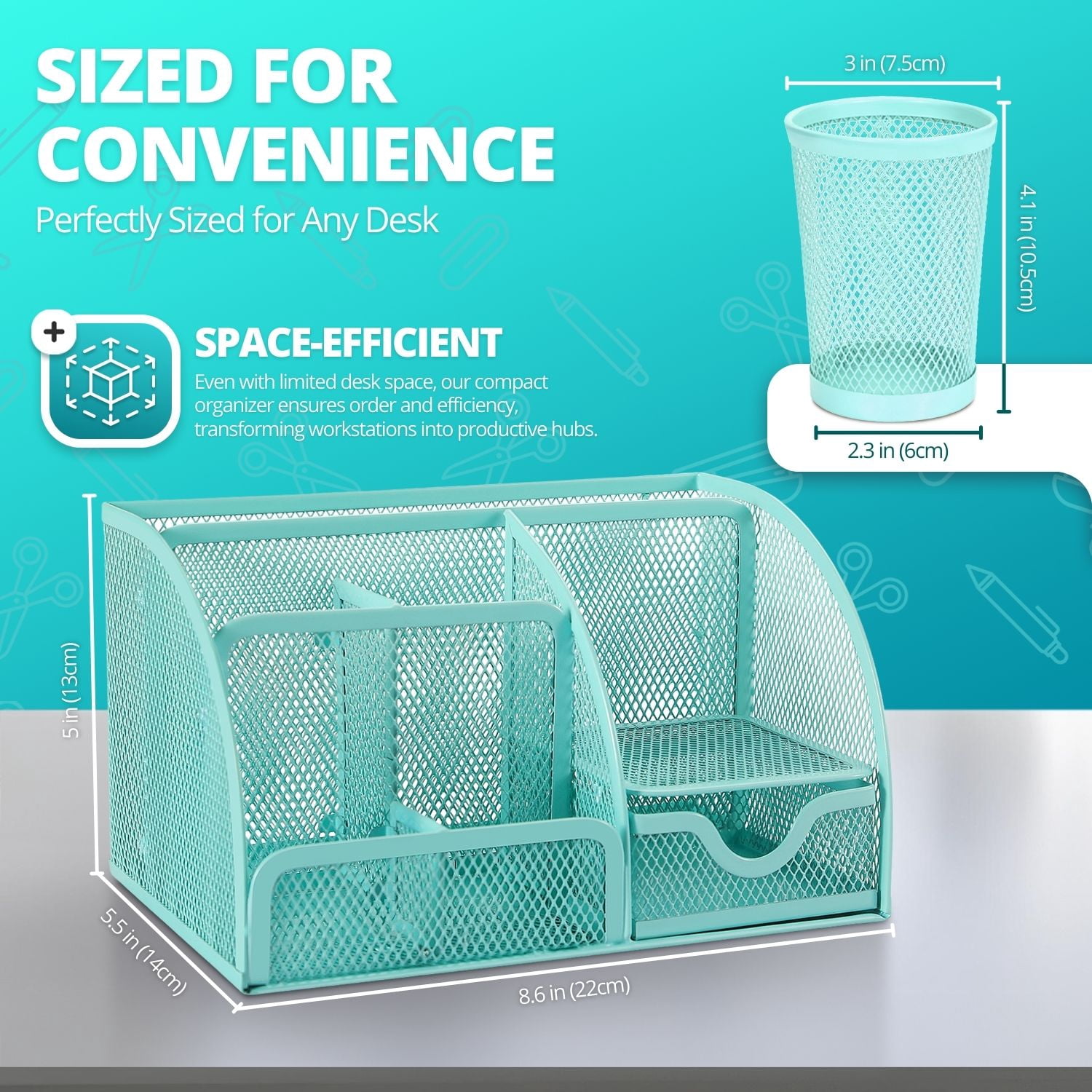 Desk Organizer Office Supplies Accessories Desktop Tabletop Sorter Shelf Pencil Holder Caddy Set - Metal Mesh with Drawer and 6 Compartments (Turquoise Aqua Blue)