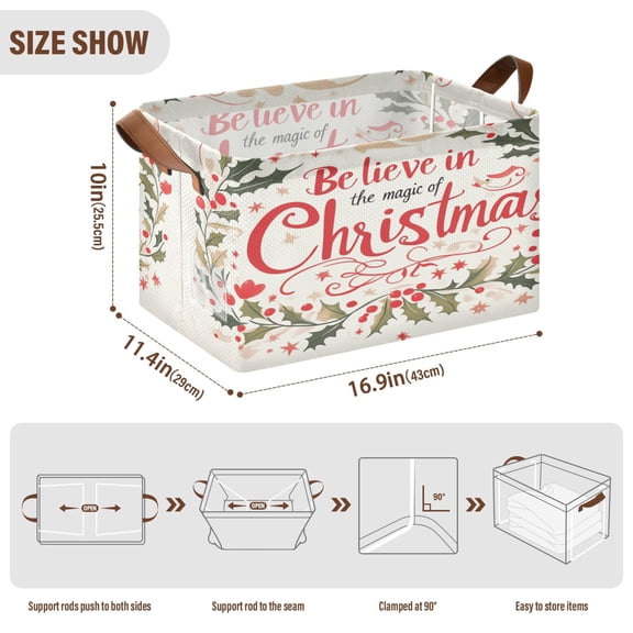 BZSMCE Collapsible Fabric Cube Storage Bins Red Merry Christmas Elegant Wreath Design Pattern Storage Box