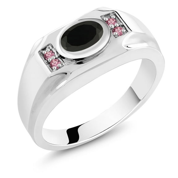 Gem Stone King Men's 925 Sterling Silver Black Onyx and Pink Lab Grown Diamond Ring (1.75 Cttw, Gemstone December Birthstone, Oval 8X6MM,, Size 11)