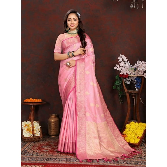 Designer Pink Weaving Zari Tassel Pallu Work Silk Saree
