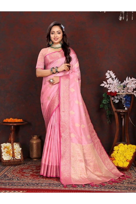 Designer Pink Weaving Zari Tassel Pallu Work Silk Saree