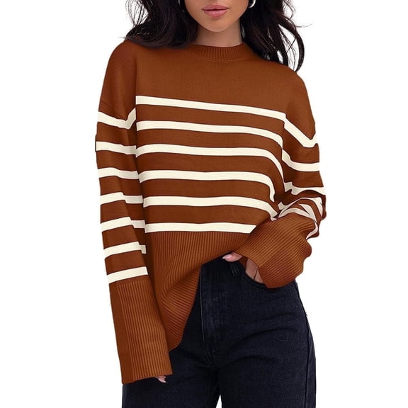 Amazhiyu Women's Striped Pullover Sweaters Batwing Long Sleeve Crew Neck Ribbed Knit Side Slit Fall Oversized Sweater Tops