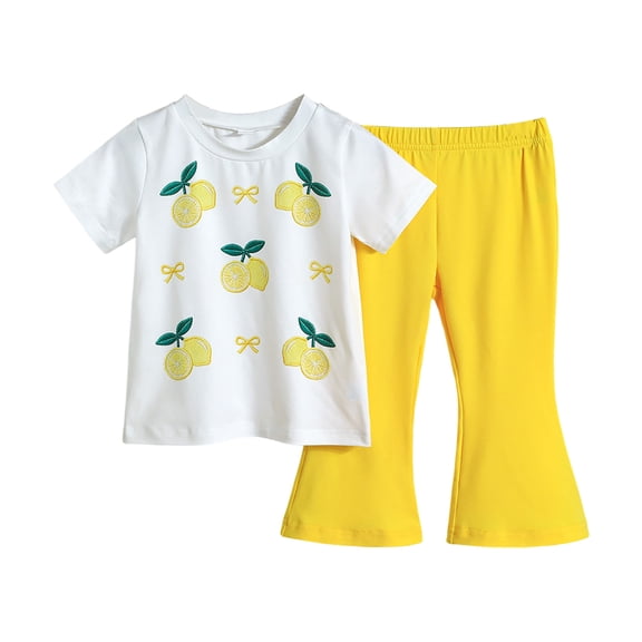 Soepste Summer Outfits For Toddler Girls Infant Girls Short Sleeve Top With Lemon Print Flare Pants Casual Set(2-3 Years,Yellow)