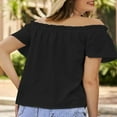 thumbnail image 4 of Taqqpue Women's Off Shoulder Tops Solid Color Ruffle Short Sleeve Ruched Casual Loose Tee Shirt Stretch Summer Blouses Tops for Women, 4 of 7