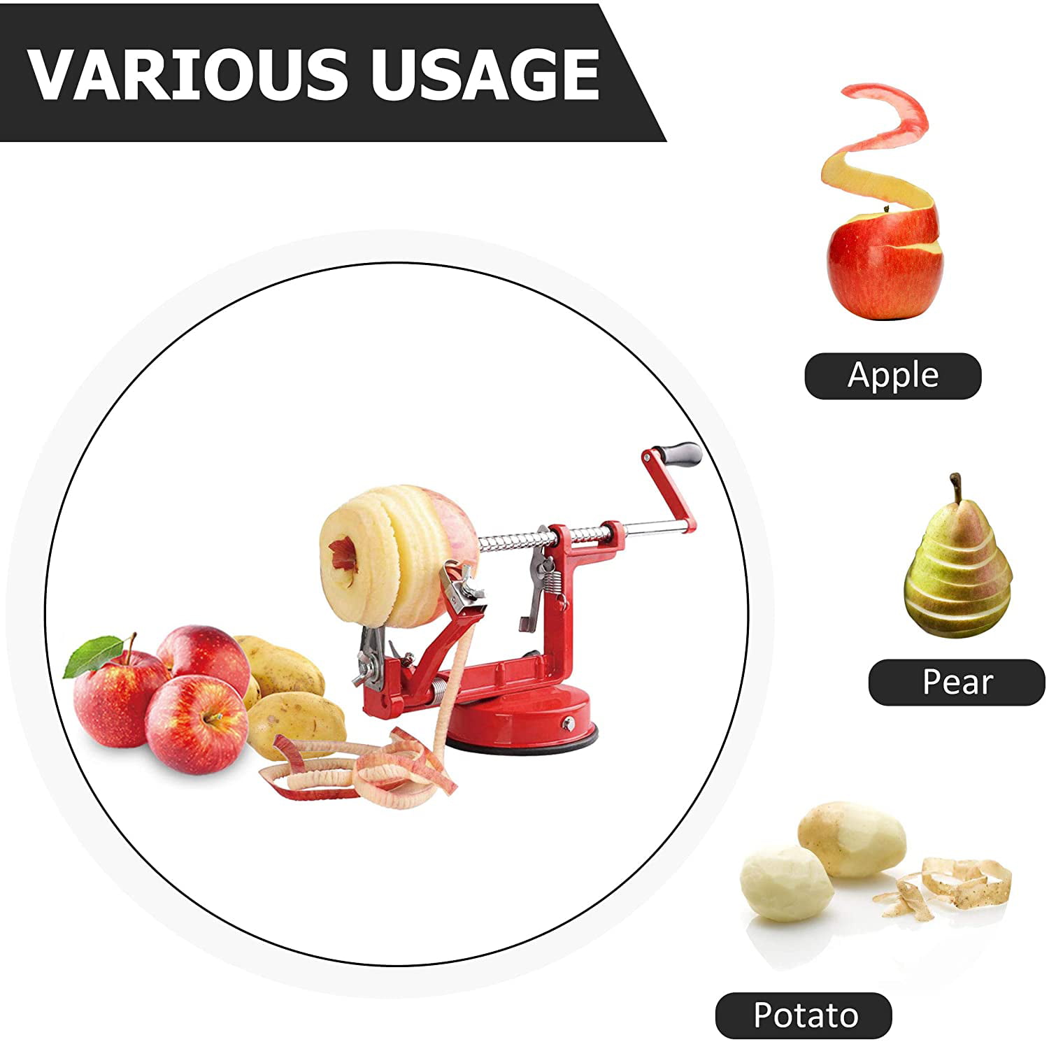 3in 1 Apple Peeler Manual Rotation Potato Fruit Core Slicer Kitchen Hand Cracking Corer w/ Zinc Alloy Peeler Suction, Size: 3 in