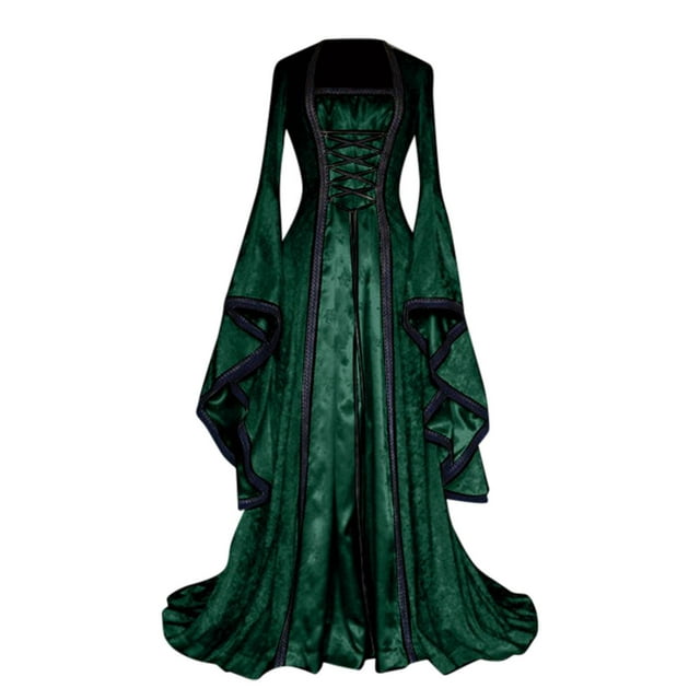 SHOPESSA Costumes d'Halloween pour Femmes Style Rétro Couleur Unie Manches Trompette Robe Maxi Princesse