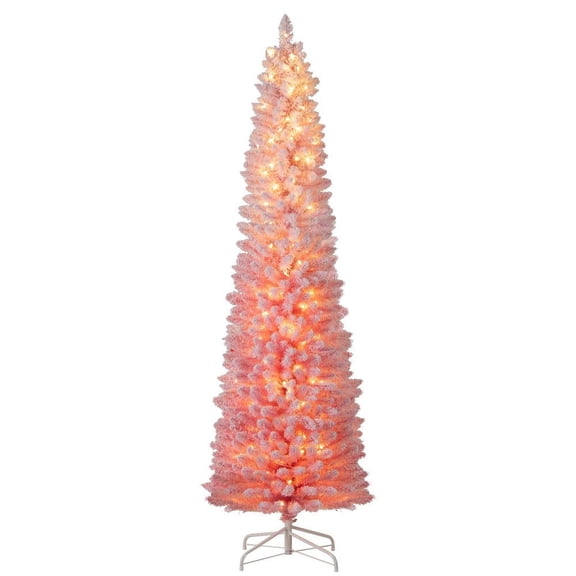 Resenkos 7-Ft Pre-Lit Snow Flocked Artificial Pink Christmas Tree - Pink